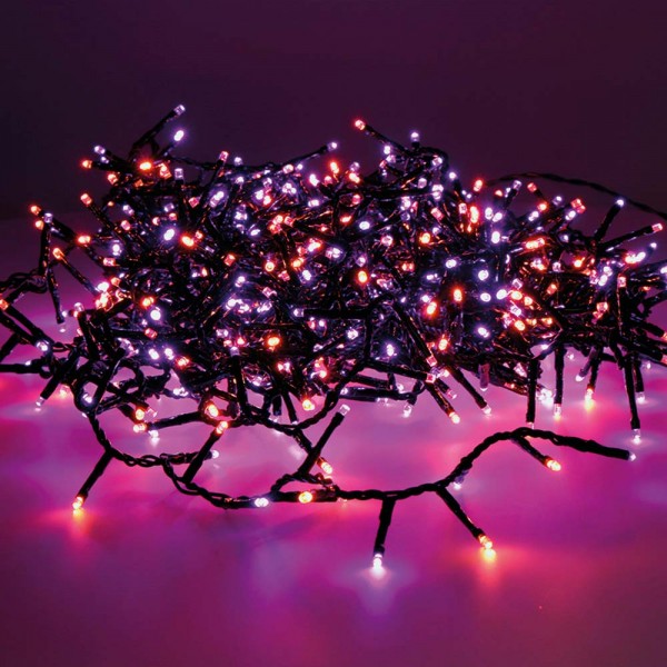 Guirnalda multifunción, uso exterior, led compact, morado y naranja, cable negro, 500 leds, 16 m
