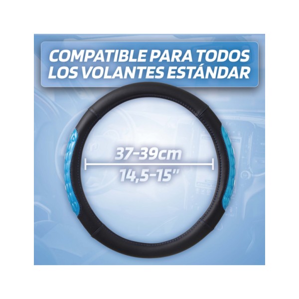 Funda Volante Coche Universal Modelo Blue Gel Color Negro Azul Poli Piel 37-39 cm con Gel Antideslizante Transpirable