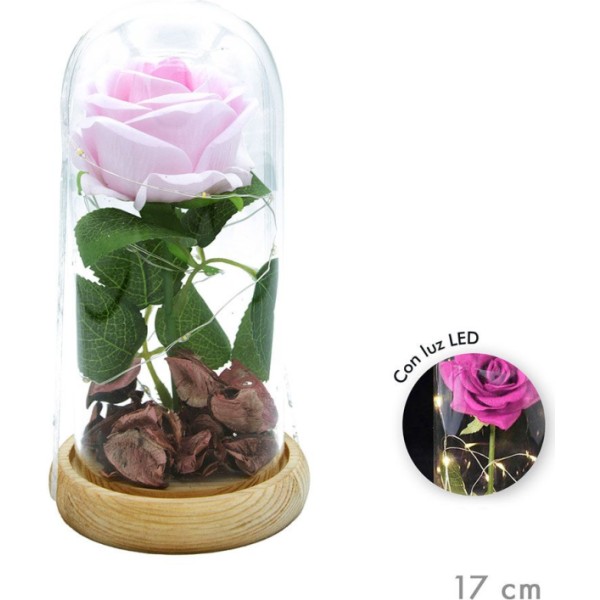 Rosa eterna artificial led cúpula cristal 17 cm, color rosa